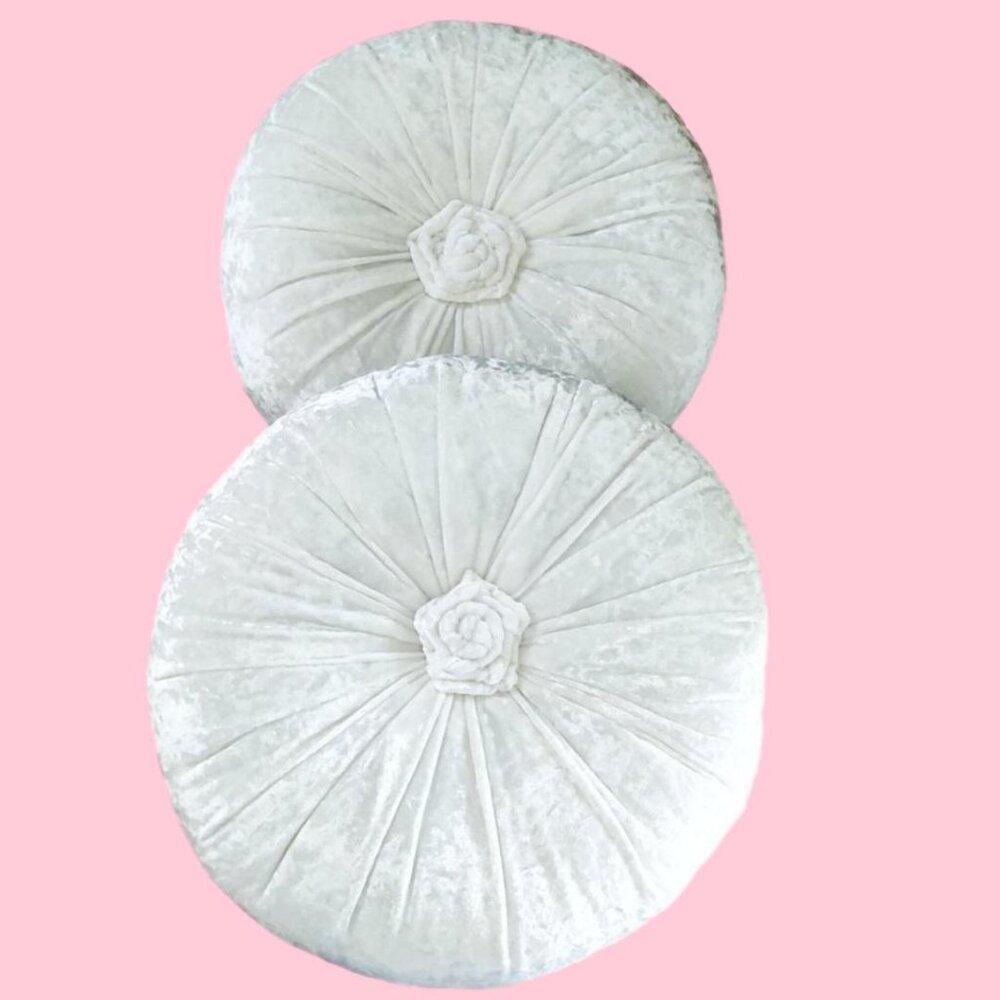 Custom Made Pair of White Velvet Velour Round 15" Boudoir Bedding Accent Pillows